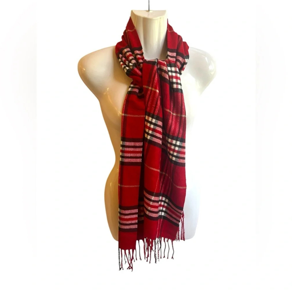 Italy Design Cashmere Blend Red Plaid Tartan Fringe Scarf